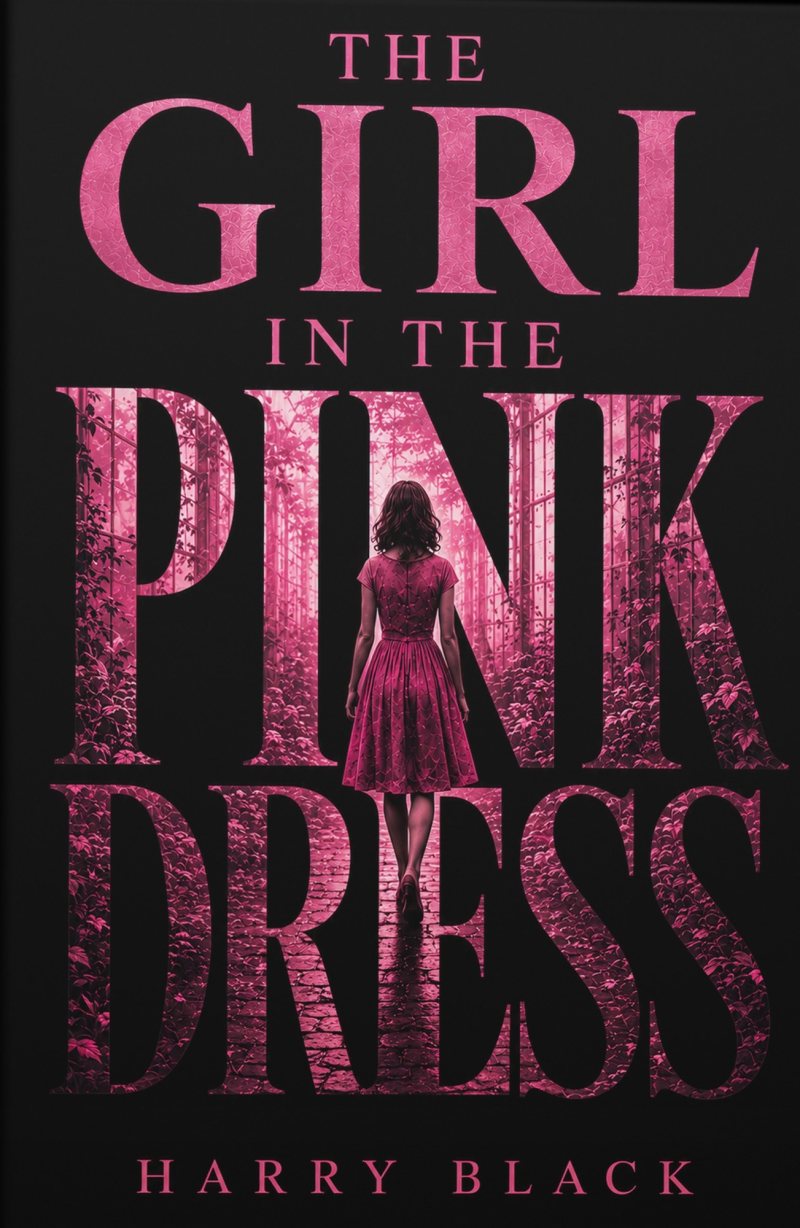 Cover of The Girl in the Pink Dress by Harry Black: the title in tall pink letters on black, a woman in a pink dress walking away down an overgrown glasshouse path.