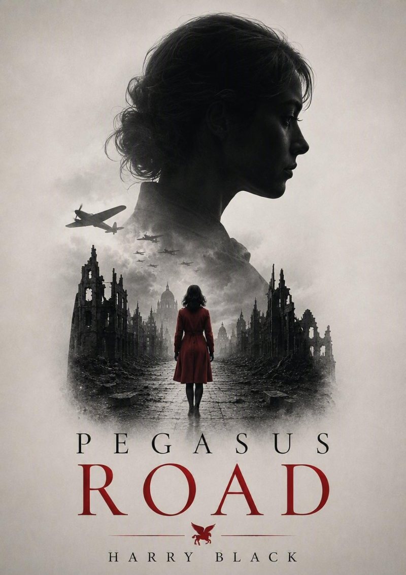 Cover of Pegasus Road by Harry Black: a woman's profile in silhouette above a ruined European street, aircraft overhead, and a woman in a red coat walking into the haze.